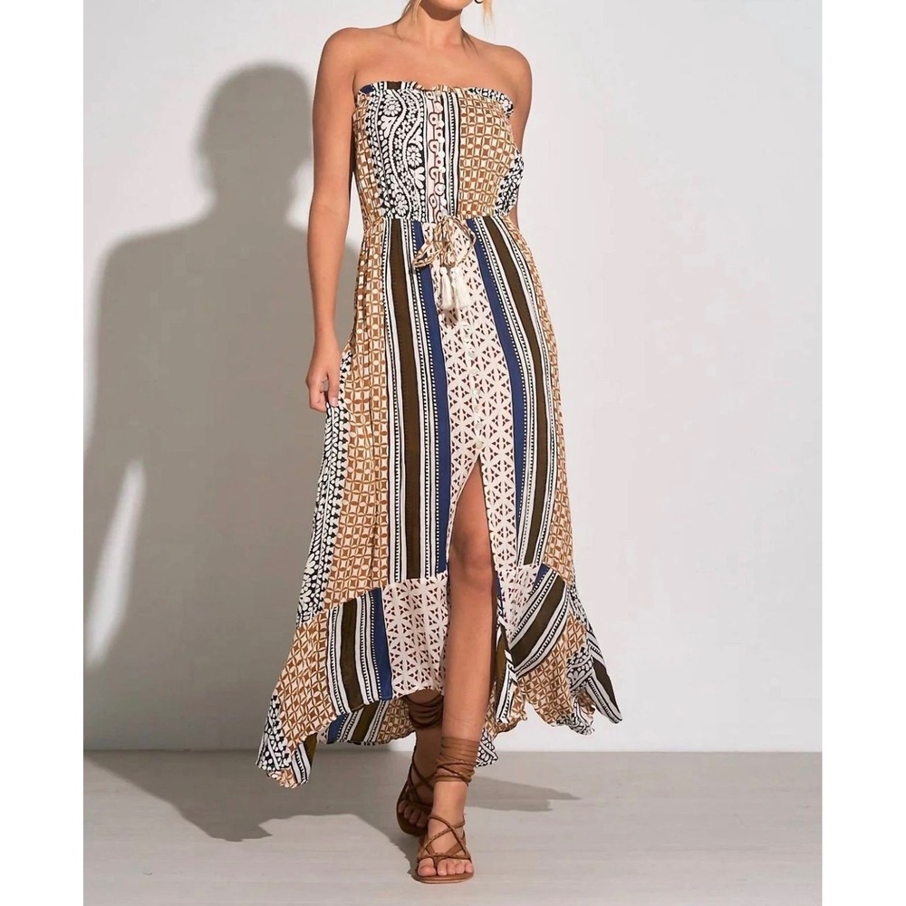 Elan Kenya NWT Patchwork Strapless Maxi Dress M Boho Resort Tassel